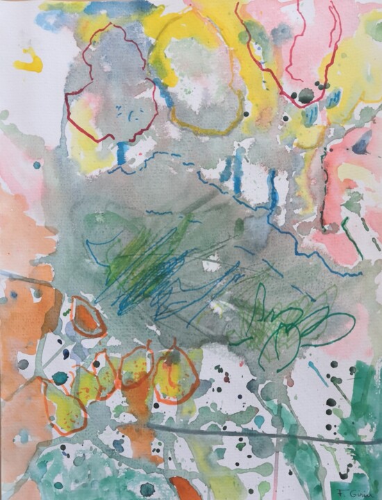 제목이 "En forêt"인 미술작품 Frédérique Girin로, 원작, 수채화 유리에 장착됨