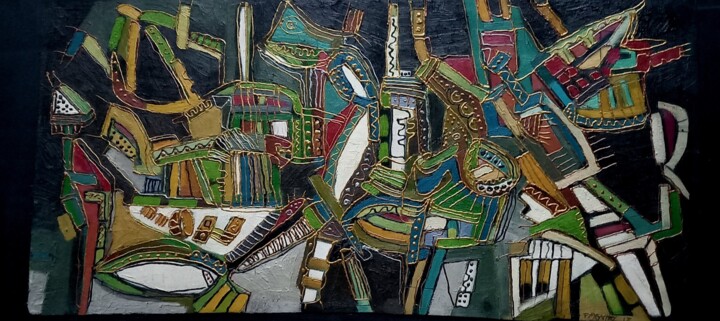 Peinture intitulée ""Construction de Dé…" par Frédérique Manley, Œuvre d'art originale, Huile Monté sur Panneau de bois
