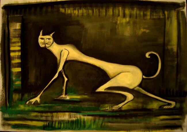 Painting titled "le chat fin" by Frédérique Manley, Original Artwork, Oil