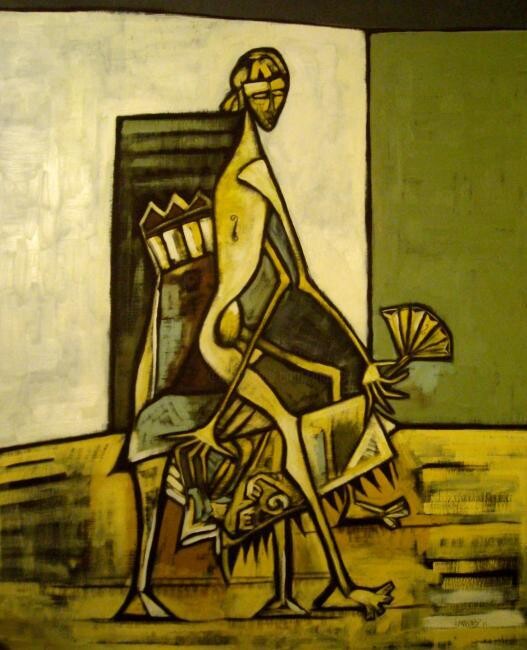 Peinture intitulée "femme à l'éventail…" par Frédérique Manley, Œuvre d'art originale, Huile