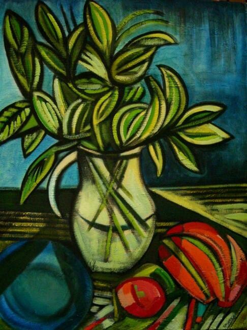 Картина под названием "bouquet et fruits" - Frédérique Manley, Подлинное произведение искусства, Масло