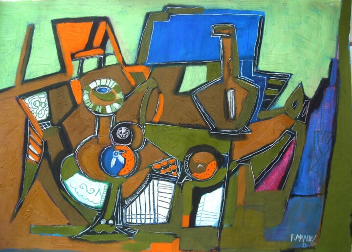 Painting titled ""nature morte au va…" by Frédérique Manley, Original Artwork, Oil