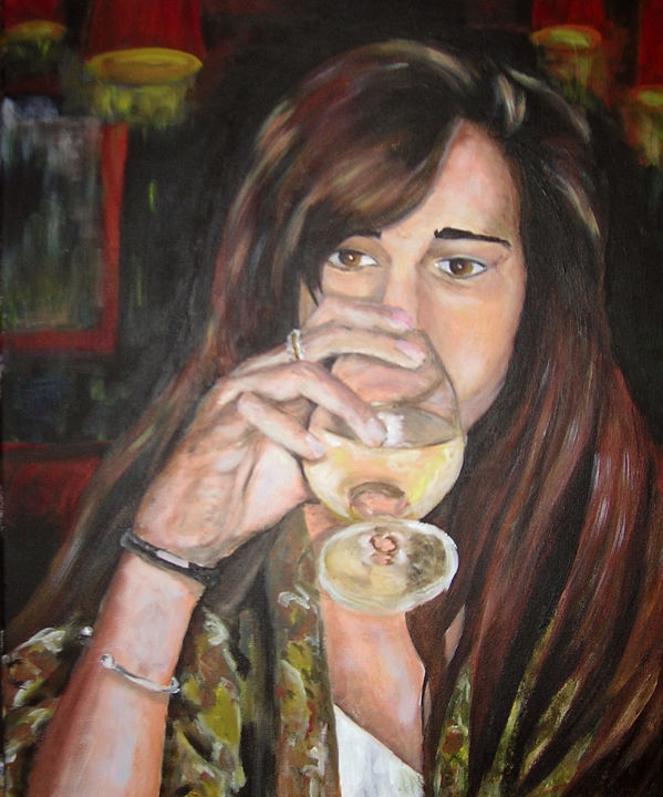 Schilderij getiteld "Jeune fille au verre" door Frédérique Huet, Origineel Kunstwerk, Acryl