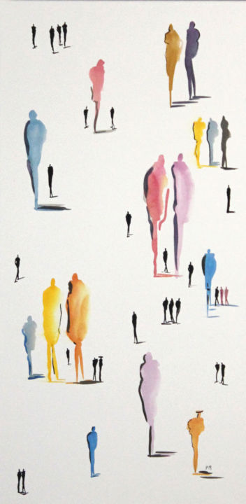 Peinture intitulée "Silhouettes colorée" par Frédérique Marteau, Œuvre d'art originale, Encre