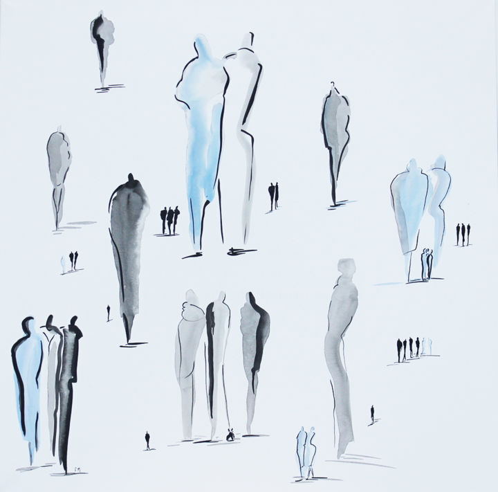 Ζωγραφική με τίτλο "Silhouettes bleues A" από Frédérique Marteau, Αυθεντικά έργα τέχνης, Μελάνι