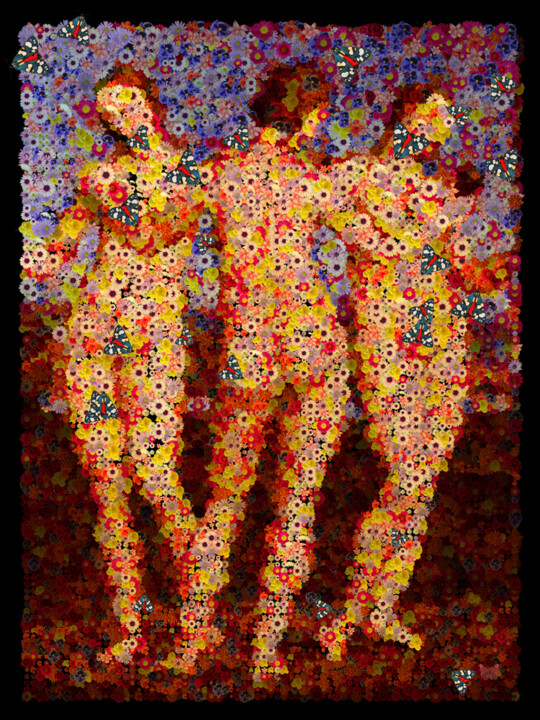 Digital Arts titled "Les 3 grâces aux fl…" by Frédéric Durieu & Nathalie Erin, Original Artwork, 2D Digital Work Mounted on…