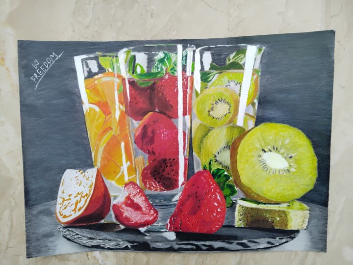 Painting titled "3 Glasses" by Freedom, Original Artwork, Conté