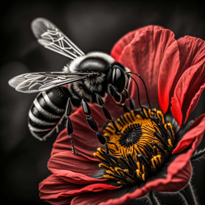 Digitale Kunst getiteld "Biene auf Mohn" door H.K.R. Braun, Origineel Kunstwerk, AI gegenereerde afbeelding