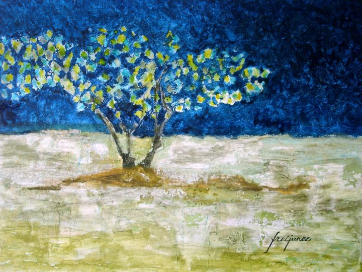 Pintura titulada "Nocturno con árbol…" por Freijanez, Obra de arte original