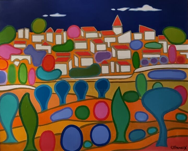 Painting titled "Village Soleil" by Freneix Roger, Original Artwork, Acrylic Mounted on Wood Stretcher frame