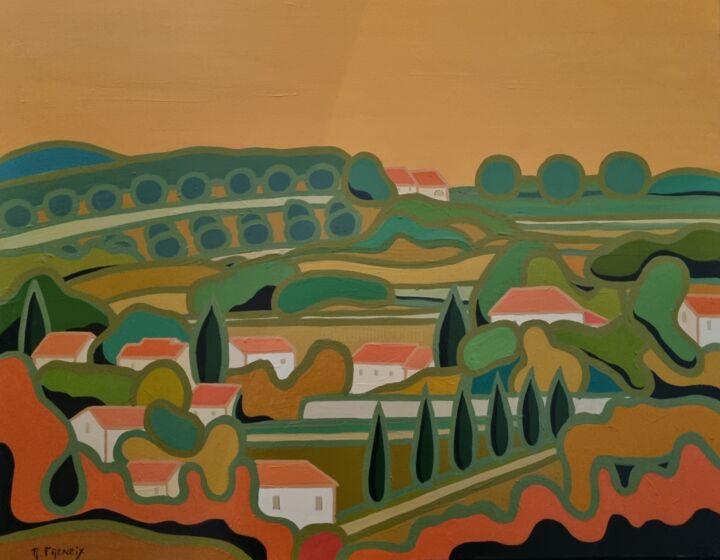 Peinture intitulée "Village d'automne 2" par Freneix Roger, Œuvre d'art originale, Acrylique Monté sur Châssis en bois