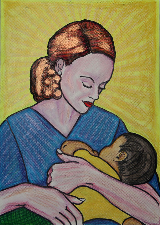 Dessin intitulée "enfermera-y-bebe-or…" par Paula Valeria Fridman, Œuvre d'art originale, Autre