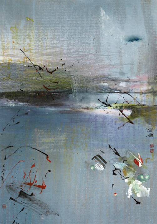 Malarstwo zatytułowany „Landscape with Lake” autorstwa Friedrich Zettl, Oryginalna praca, Atrament Zamontowany na Karton