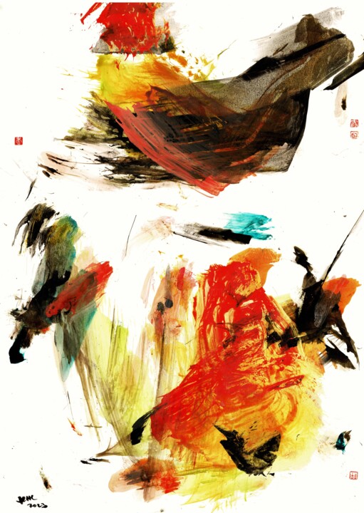 Painting titled "Firebird" by Friedrich Zettl, Original Artwork, Ink Mounted on Cardboard