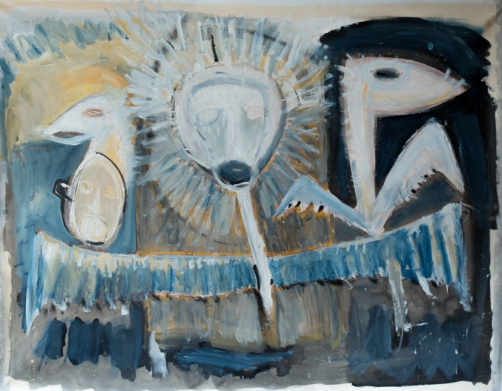 Peinture intitulée "Le Roi et l'oiseau…" par Manu Frigerio, Œuvre d'art originale, Huile