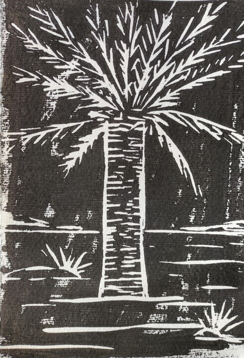 Druckgrafik mit dem Titel "Palmier dattier" von Manu Frigerio, Original-Kunstwerk, Holzschnitt