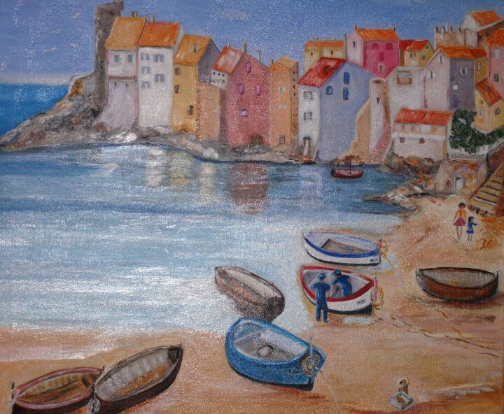 Painting titled "ST TROPEZ 1950" by Marie France Philibert Zamai, Original Artwork, Oil Mounted on Wood Stretcher frame