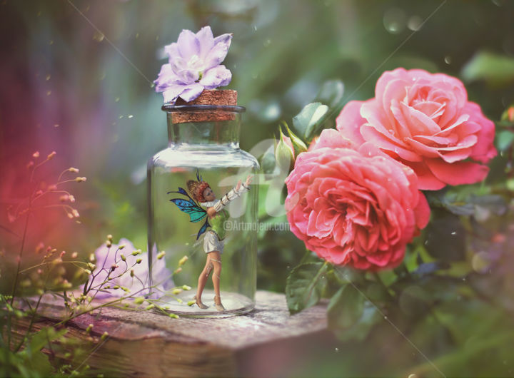 Prenten & gravures getiteld "Fairy in a bottle 2" door Frisian3dartist, Origineel Kunstwerk, Foto Montage