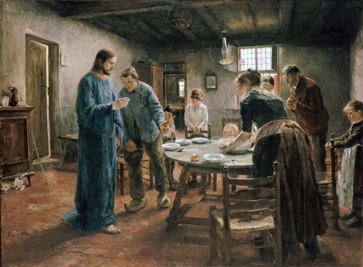 Pintura intitulada "La prière de l'heur…" por Fritz Von Uhde, Obras de arte originais, Óleo