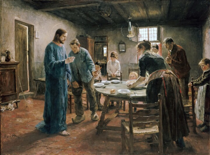 Schilderij getiteld "La prière de l'heur…" door Fritz Von Uhde, Origineel Kunstwerk, Olie