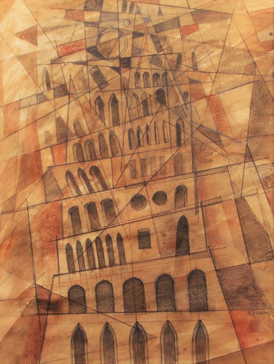 Картина под названием "Tour cubiste" - Xavier Froissart, Подлинное произведение искусства, Чернила Установлен на картон