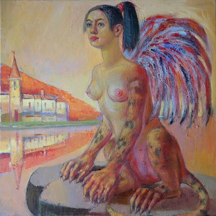 Malerei mit dem Titel "The Sphinx" von Dagnia Cherevichnik, Original-Kunstwerk, Öl