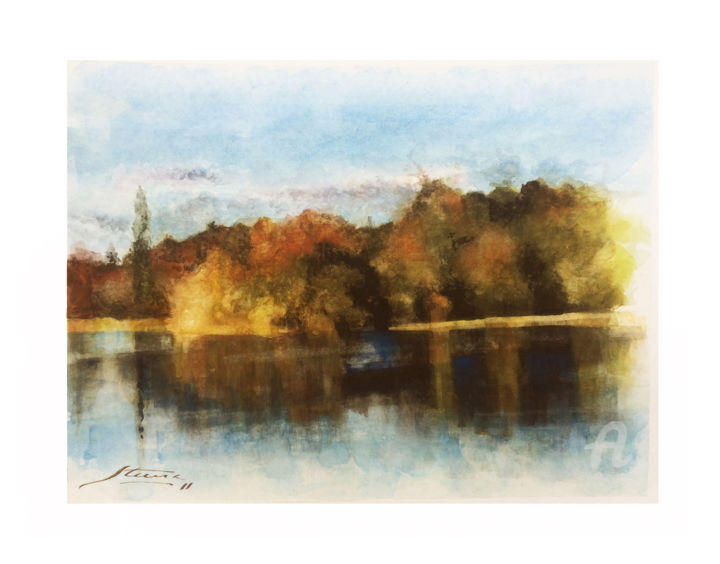 Pintura intitulada "Autumn Lake" por F. Stevaux, Obras de arte originais, Aquarela