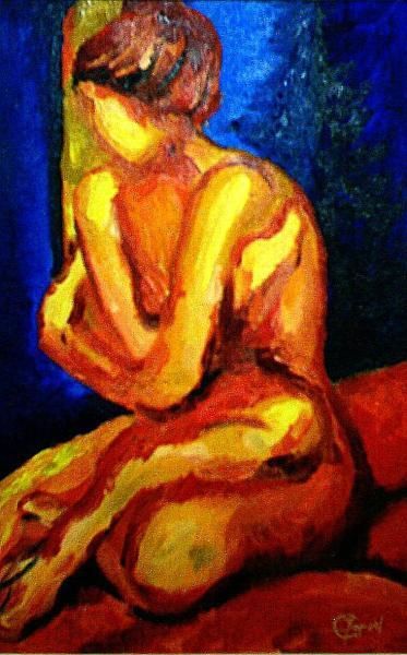 Painting titled "Woman Sitting on Bed" by Evar Rafael, Original Artwork