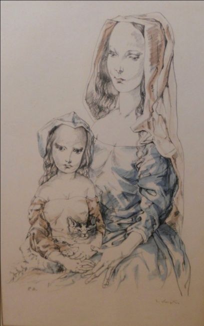 Ζωγραφική με τίτλο ""Woman, kid and cat"" από Fujita, Αυθεντικά έργα τέχνης