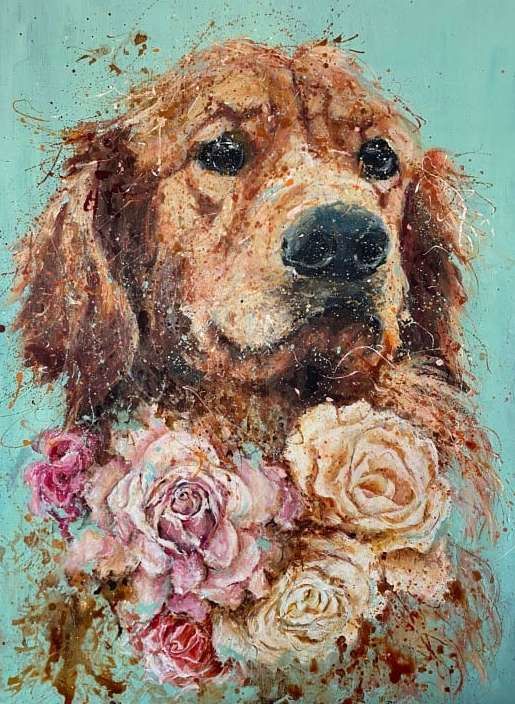 Schilderij getiteld "Golden retriever" door Simona Fumagalli, Origineel Kunstwerk, Acryl