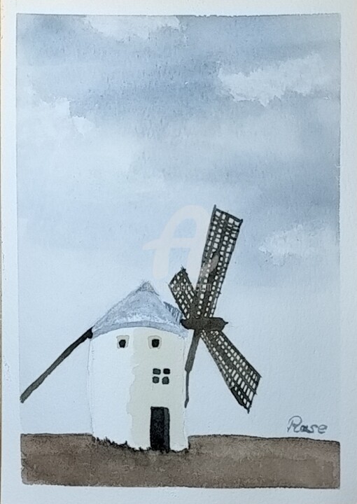 Painting titled "windmill" by Hui Ching Hsu, Original Artwork, Watercolor
