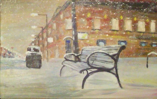 Painting titled "Street in Winter" by Gabor Fuzer, Original Artwork, Oil