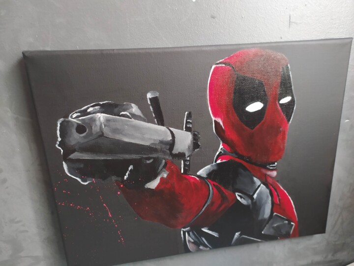 Painting titled "Deadpool" by Guillaume Bn, Original Artwork, Acrylic Mounted on Wood Stretcher frame