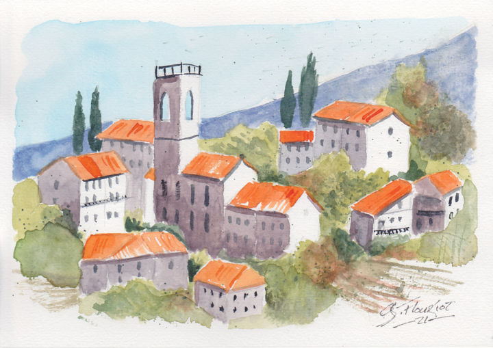 Pintura titulada "Village Italien" por Guillaume Flouriot, Obra de arte original, Acuarela