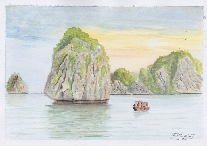 Painting titled "Baie d'Halong" by Guillaume Flouriot, Original Artwork, Watercolor
