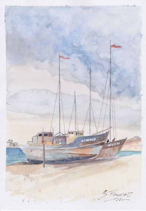 Peinture intitulée "Navires de pêche au…" par Guillaume Flouriot, Œuvre d'art originale, Aquarelle