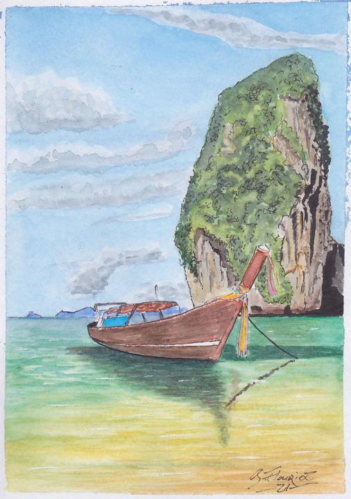 Painting titled "Sampang en baie d'H…" by Guillaume Flouriot, Original Artwork, Watercolor