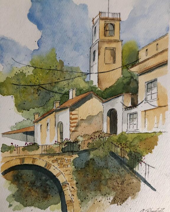 Painting titled "Village de Toscane" by Guillaume Flouriot, Original Artwork, Watercolor