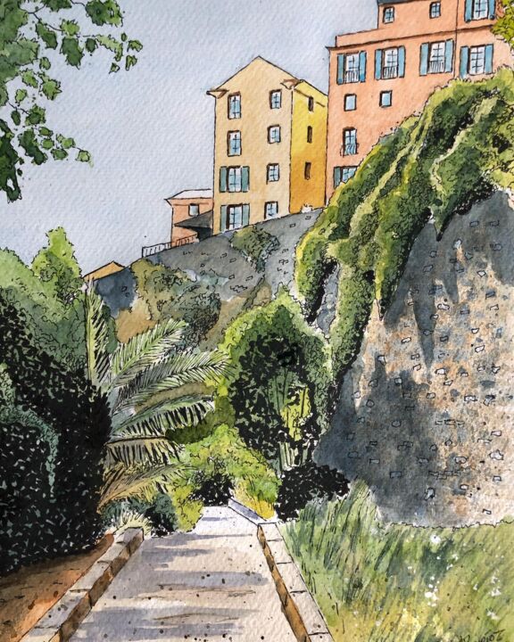 Painting titled "Village Corse" by Guillaume Flouriot, Original Artwork, Watercolor