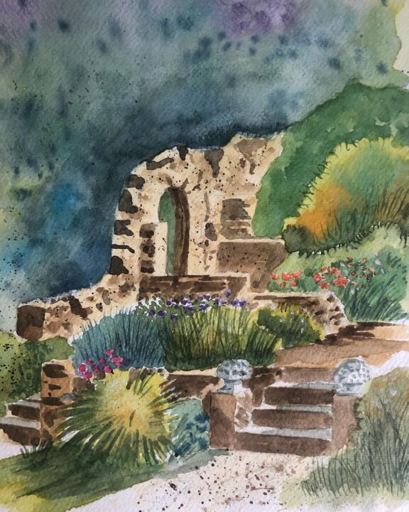 Painting titled "Jardin et ruines" by Guillaume Flouriot, Original Artwork, Watercolor