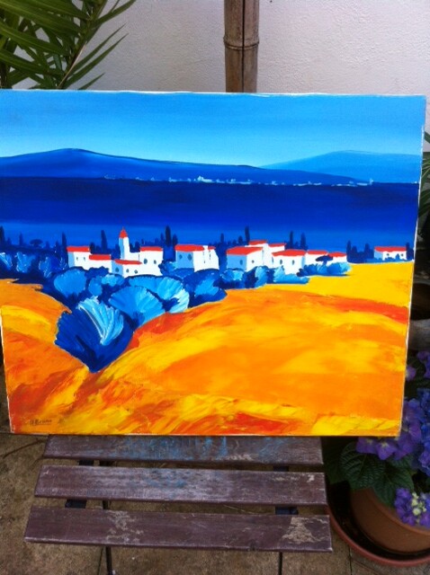Painting titled "village-bleu-montag…" by G Touiresse (mattheys), Original Artwork