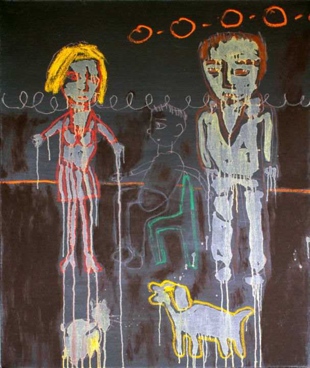 Ζωγραφική με τίτλο "Dog, cat, child and…" από Gabo Mendoza, Αυθεντικά έργα τέχνης, Λάδι