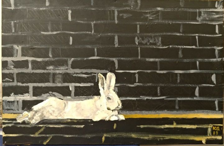 Painting titled "White Rabbit" by Gábor Komor, Original Artwork, Acrylic