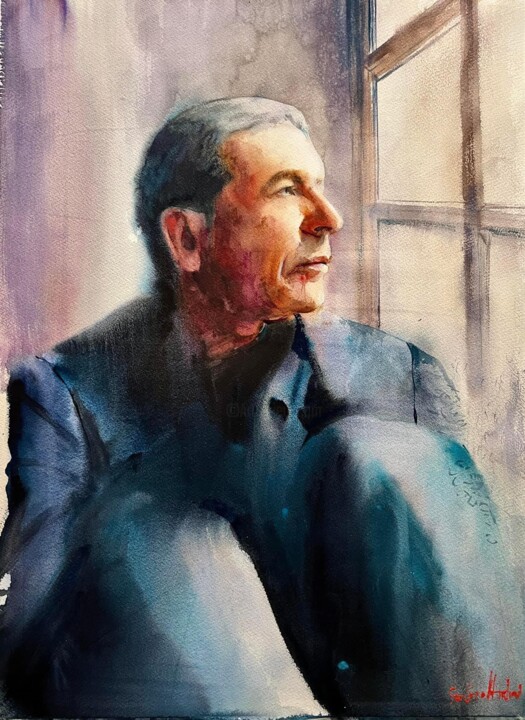 Painting titled "Leonard Cohen" by Gabriel Andrei, Original Artwork, Watercolor
