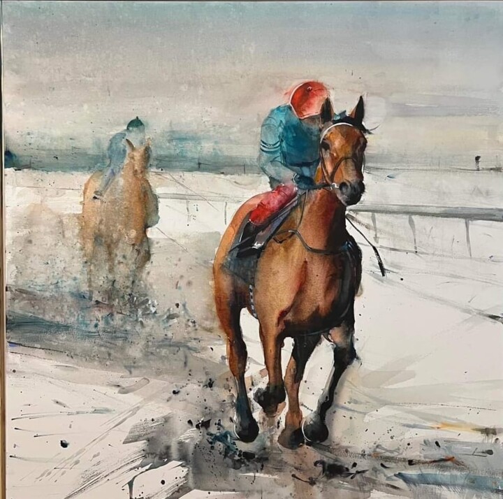 Pittura intitolato "Carrera de caballos" da Gabriel Andrei, Opera d'arte originale, Acquarello