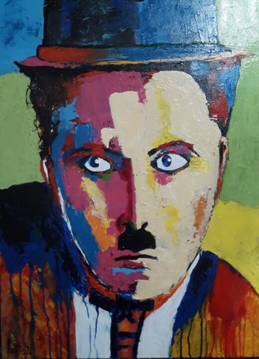 Painting titled "Chaplin" by Gabriel Angel Jimenez Lopez Lopez, Original Artwork, Acrylic Mounted on Wood Stretcher frame