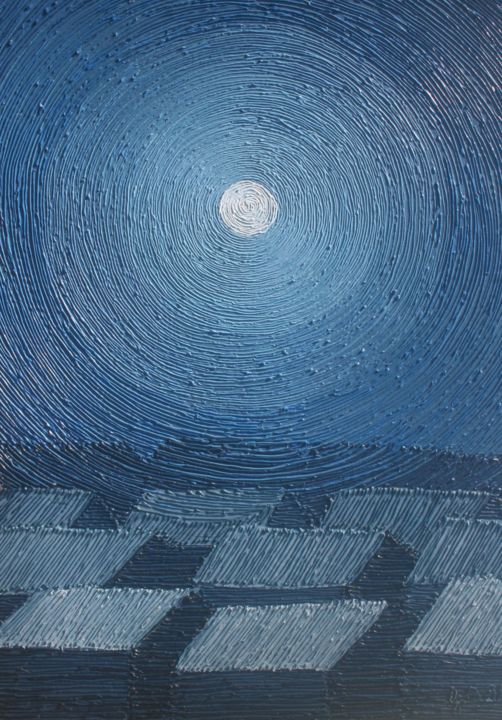 Peinture intitulée "Toits sous la lune" par Gabriel Baptiste, Œuvre d'art originale, Huile