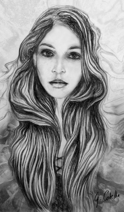 Drawing titled "Ses cheveux sont un…" by Gabriel Cotelle, Original Artwork, Pencil