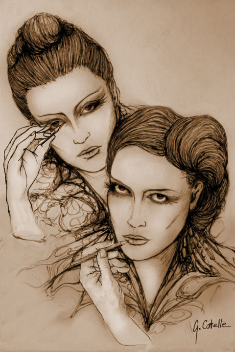 Desenho intitulada "Maquillage en duo" por Gabriel Cotelle, Obras de arte originais, Lápis