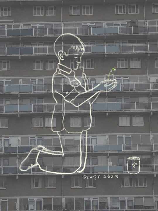 Digital Arts με τίτλο "De jongen en zijn k…" από Gabriela Espinoza Vázquez -Gevst, Αυθεντικά έργα τέχνης, Κιμωλία